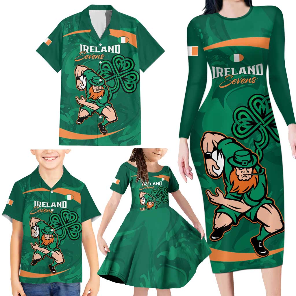 Custom Ireland Rugby Sevens Family Matching Long Sleeve Bodycon Dress and Hawaiian Shirt Go Champions Irish Shamrock