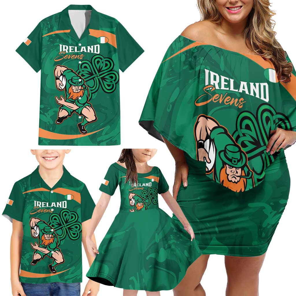 Custom Ireland Rugby Sevens Family Matching Off Shoulder Short Dress and Hawaiian Shirt Go Champions Irish Shamrock