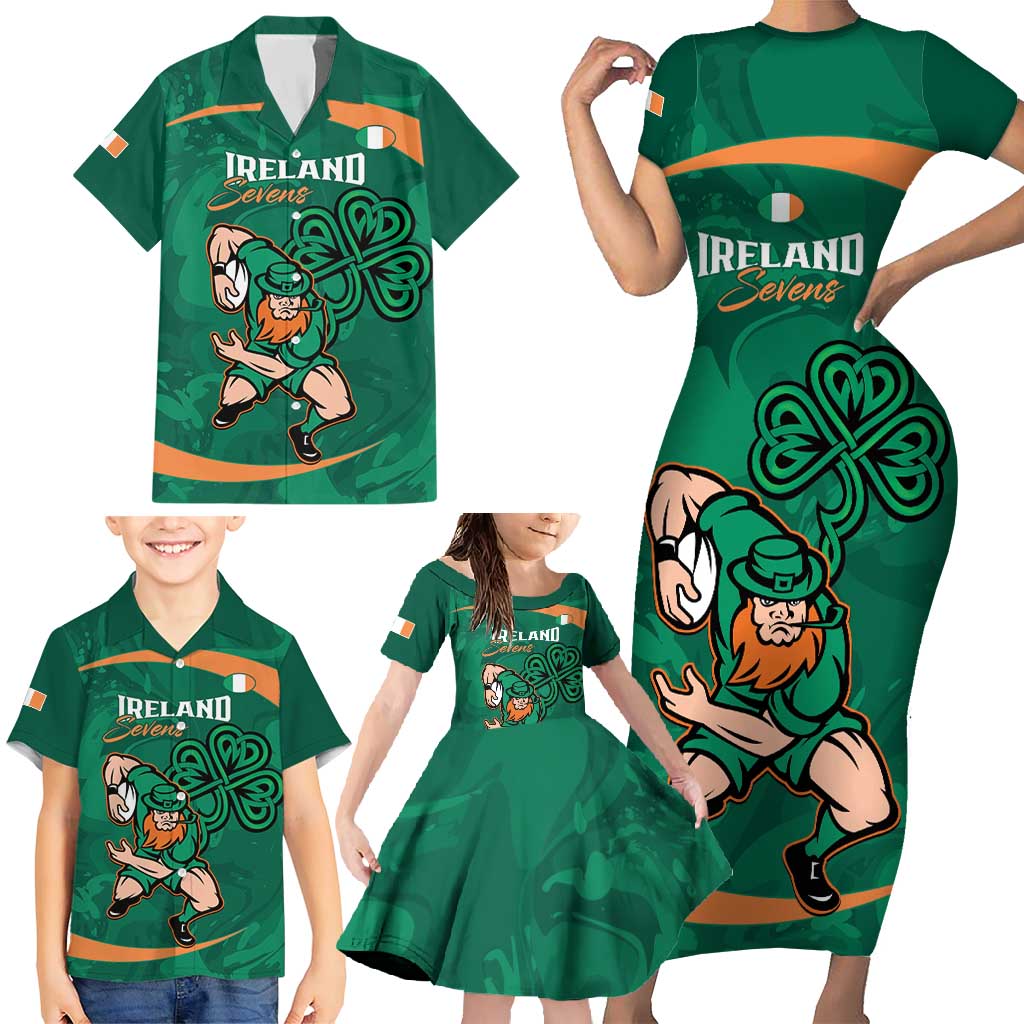 Custom Ireland Rugby Sevens Family Matching Short Sleeve Bodycon Dress and Hawaiian Shirt Go Champions Irish Shamrock