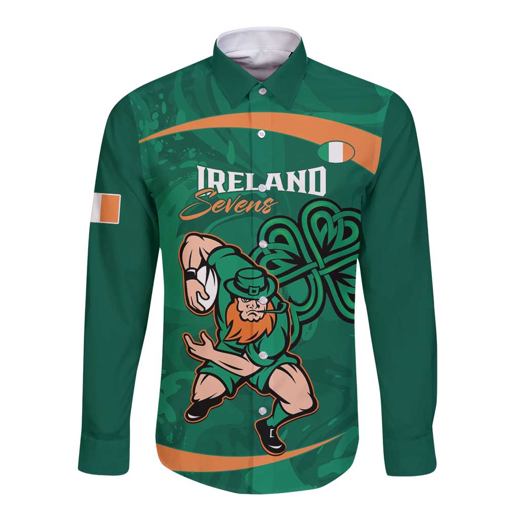 Green rugby sevens long-sleeve button shirt with Ireland Sevens graphic and shamrock