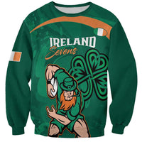 Green crewneck sweatshirt with Ireland Sevens graphic and shamrock knot, long sleeves