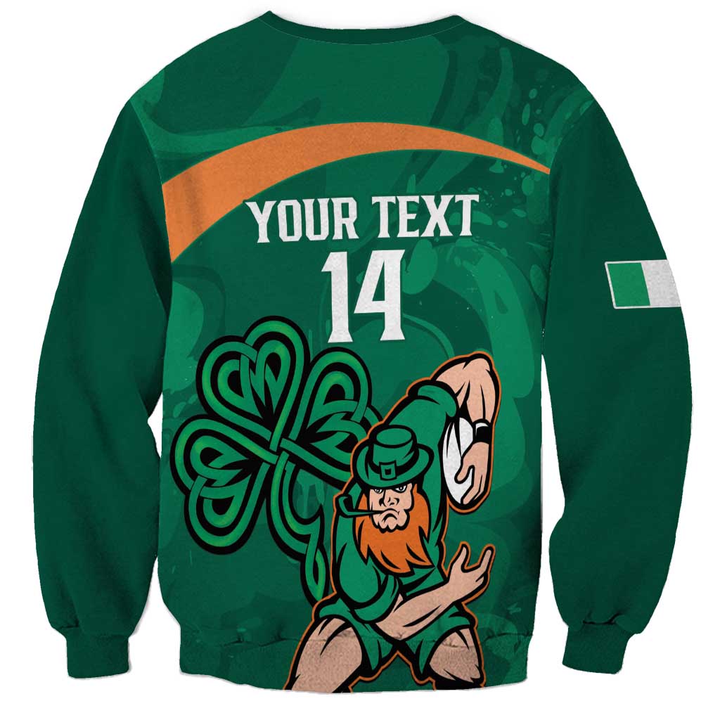 Green sweatshirt back with Your Text 14 and shamrock knot leprechaun illustration