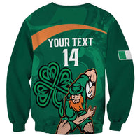 Green sweatshirt back with Your Text 14 and shamrock knot leprechaun illustration