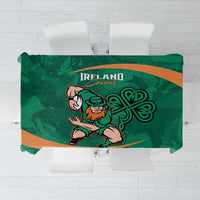 Green Ireland Rugby Sevens tablecloth with Irish shamrock graphic and orange stripe