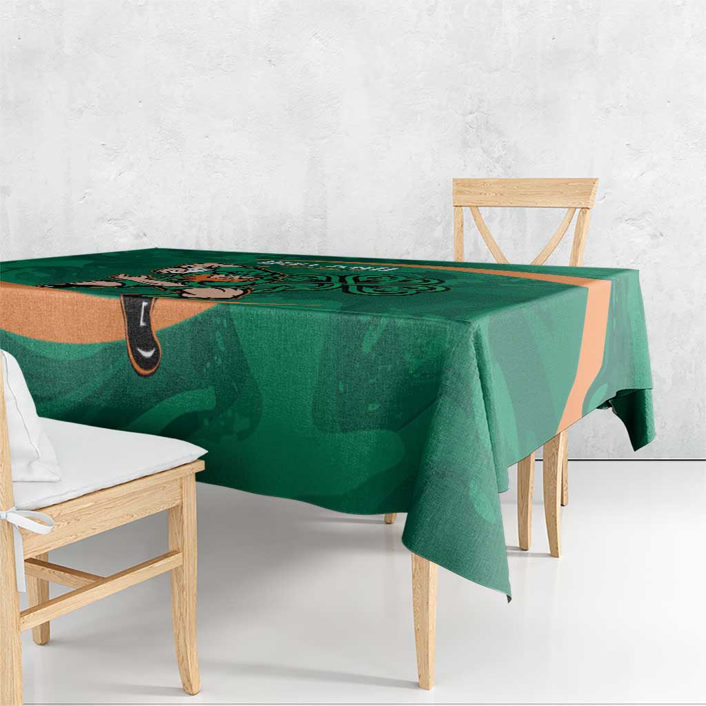 Green Ireland Rugby Sevens tablecloth with Irish shamrock print and orange accent stripe