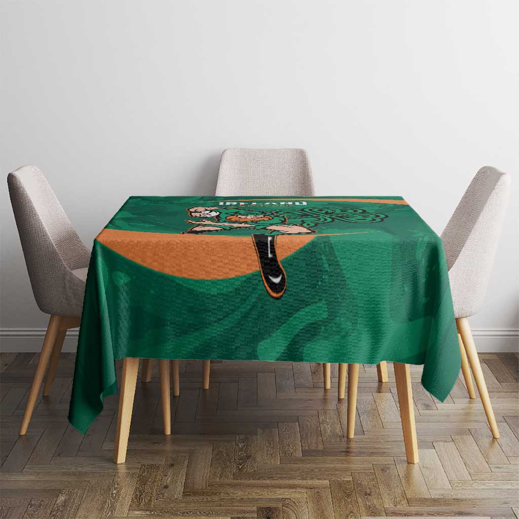 Green Ireland Rugby Sevens tablecloth with Irish shamrock graphic on small dining table