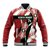 Red/white/green Kenya Rugby 7s varsity baseball jacket with ribbed collar and cuffs