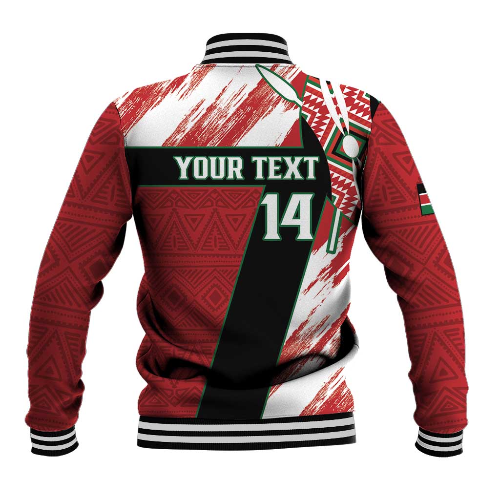 Red/white/green varsity baseball jacket with YOUR TEXT 14 back panel and ribbed hem