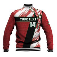 Red/white/green varsity baseball jacket with YOUR TEXT 14 back panel and ribbed hem