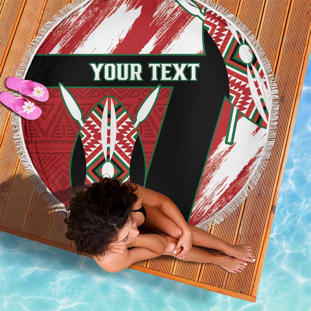 Round beach blanket with red, white, green African pattern, fringed border, 'YOUR TEXT'
