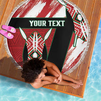 Round beach blanket with red, white, green African pattern, fringed border, 'YOUR TEXT'