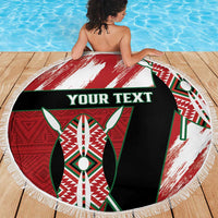 Round beach blanket with red, white, green African design, fringed trim, 'YOUR TEXT'
