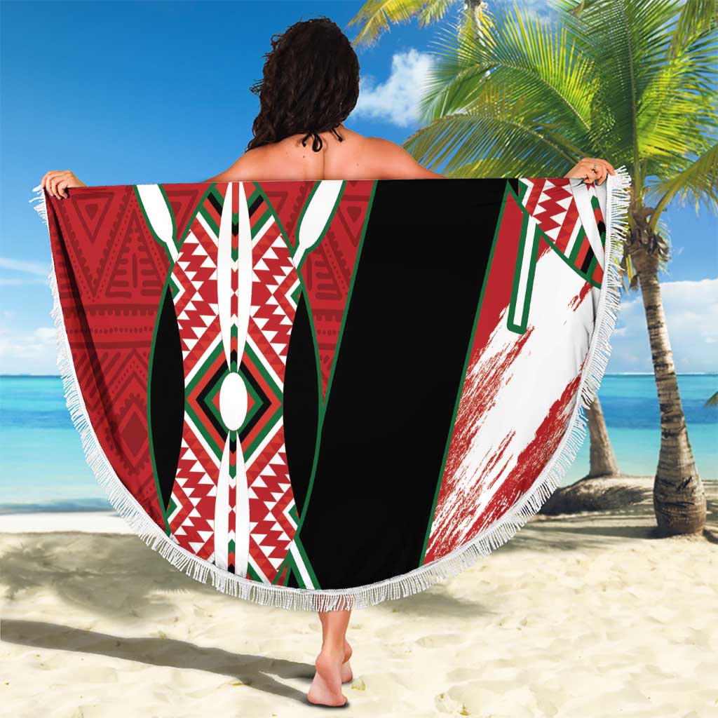 Round beach blanket with red, white, green African pattern and fringed edge, 'YOUR TEXT'