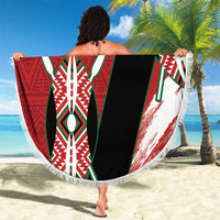 Round beach blanket with red, white, green African pattern and fringed edge, 'YOUR TEXT'