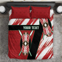 Red, white, and black rugby-themed bedding set with shield graphic and patterned pillowcases