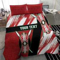 Red, white, and black rugby bedding set with patterned red panels and shield duvet graphic