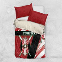 Red and white rugby bedding set with black shield design and four-piece pillow arrangement