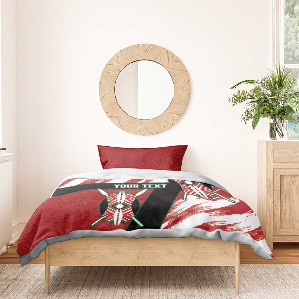 Red, white, and black rugby bedding set with shield graphic duvet and matching pillowcases