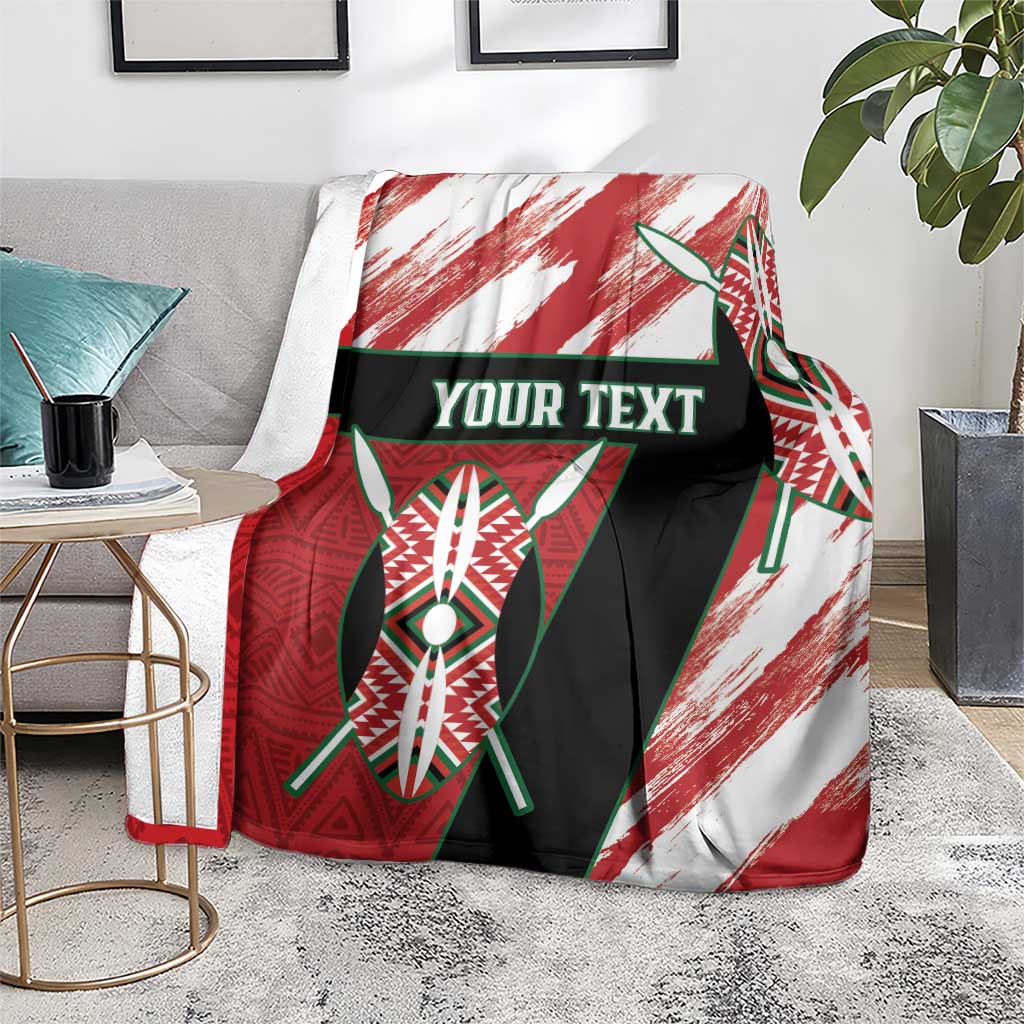 Red, white and black rugby sevens blanket with Africa emblem and “YOUR TEXT” on chair