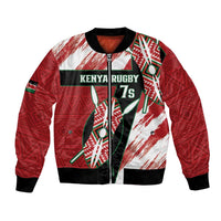 Red, white and black bomber jacket with zipper, ribbed cuffs, and Kenya Rugby 7s graphic