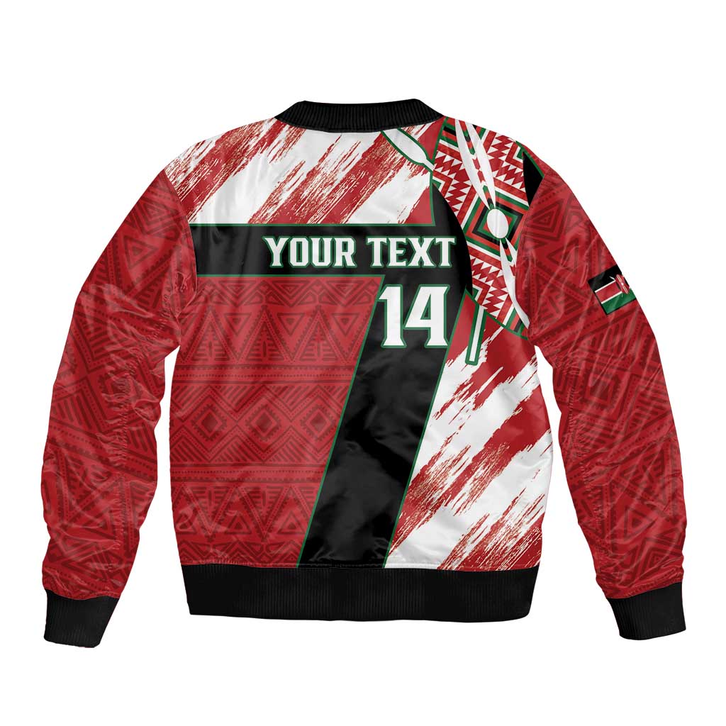 Red, white and black bomber jacket with zipper, ribbed cuffs, and 'Your Text' 14 graphic