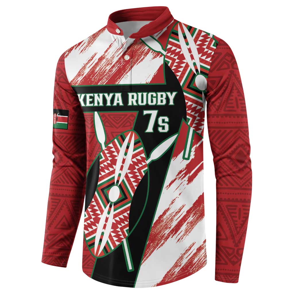 Long-sleeve rugby sevens button sweatshirt in red and white with green trim