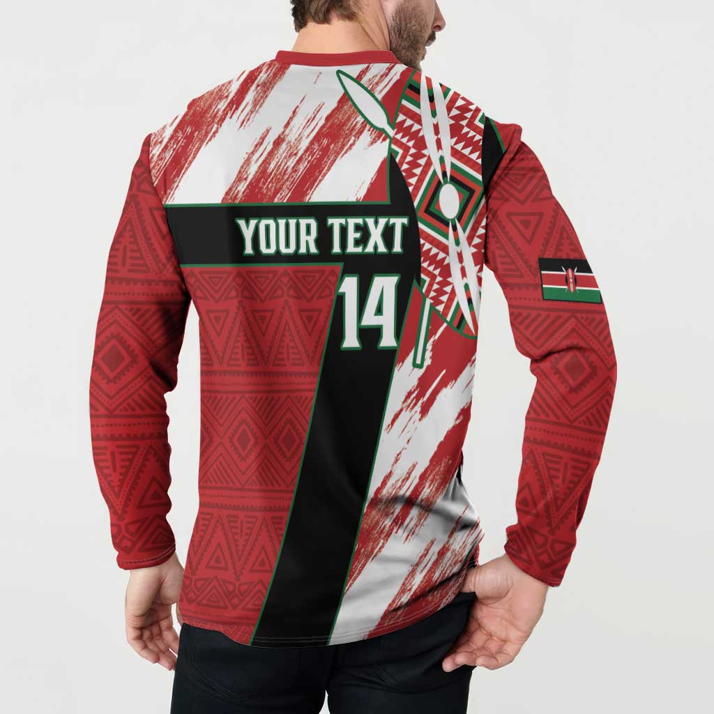 Back view of red and white rugby sevens button sweatshirt with your text and 14