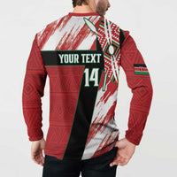 Back view of red and white rugby sevens button sweatshirt with your text and 14