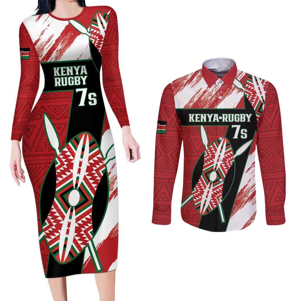 Custom Kenya Rugby Sevens Couples Matching Long Sleeve Bodycon Dress and Long Sleeve Button Shirt Go Champions African Pattern - Wonder Print Shop