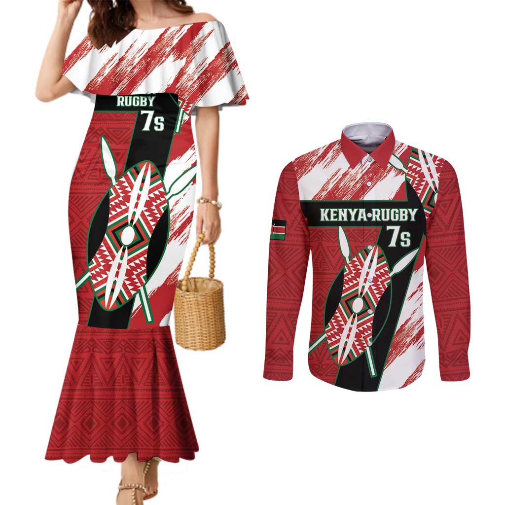 Custom Kenya Rugby Sevens Couples Matching Mermaid Dress and Long Sleeve Button Shirt Go Champions African Pattern