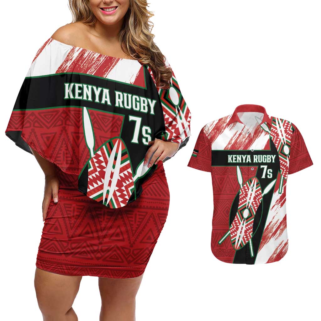 Custom Kenya Rugby Sevens Couples Matching Off Shoulder Short Dress and Hawaiian Shirt Go Champions African Pattern - Wonder Print Shop