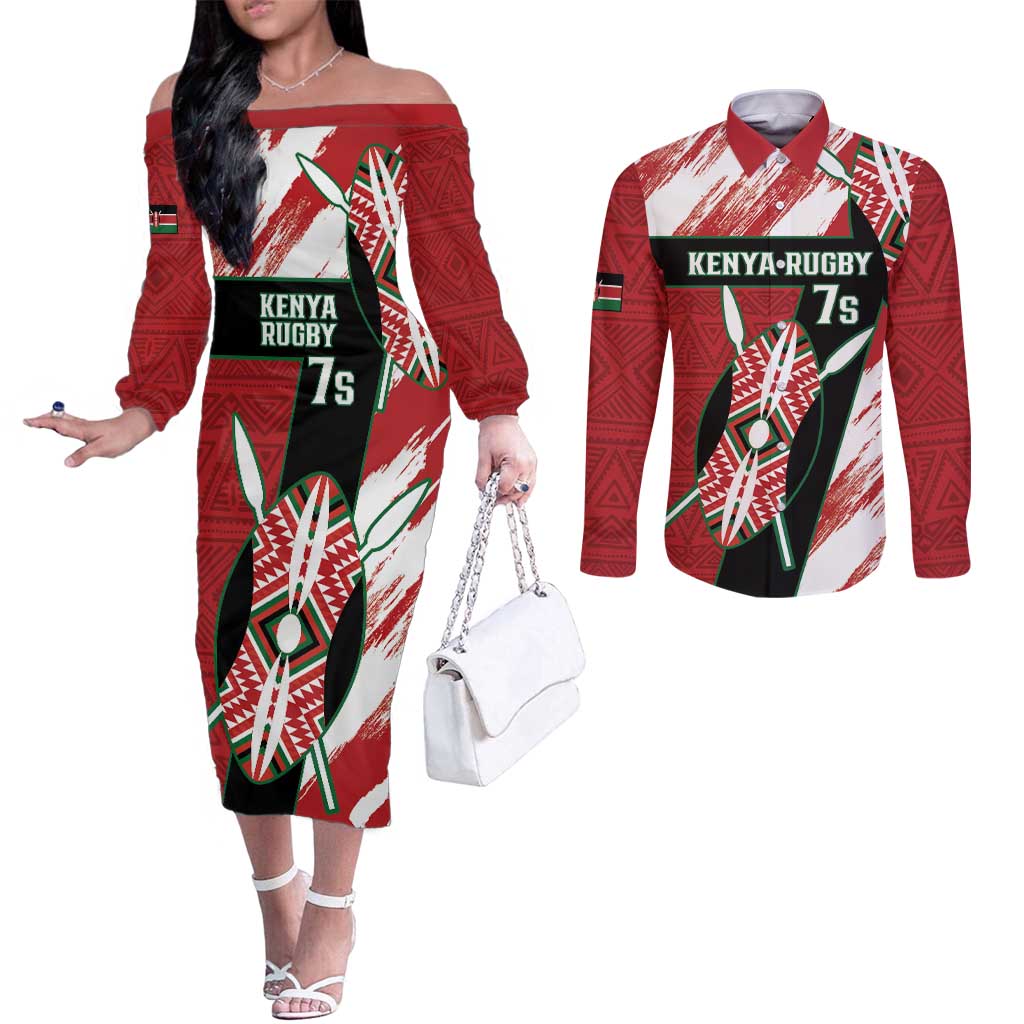 Custom Kenya Rugby Sevens Couples Matching Off The Shoulder Long Sleeve Dress and Long Sleeve Button Shirt Go Champions African Pattern