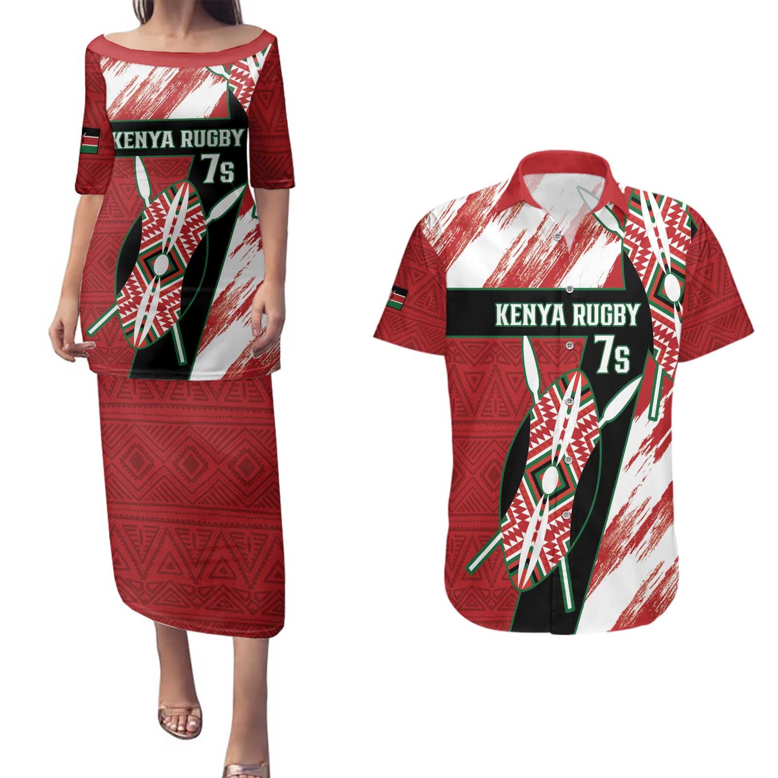 Custom Kenya Rugby Sevens Couples Matching Puletasi and Hawaiian Shirt Go Champions African Pattern - Wonder Print Shop