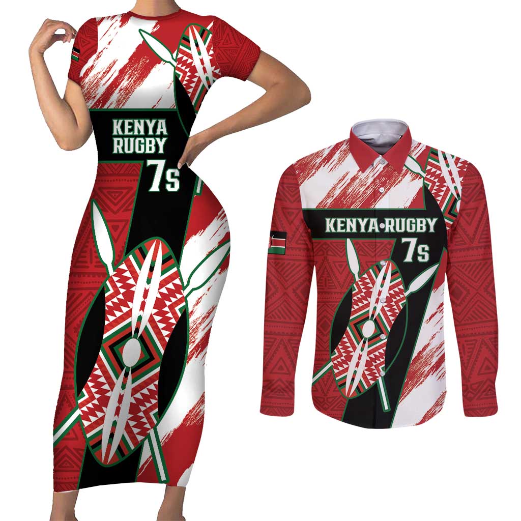 Custom Kenya Rugby Sevens Couples Matching Short Sleeve Bodycon Dress and Long Sleeve Button Shirt Go Champions African Pattern - Wonder Print Shop