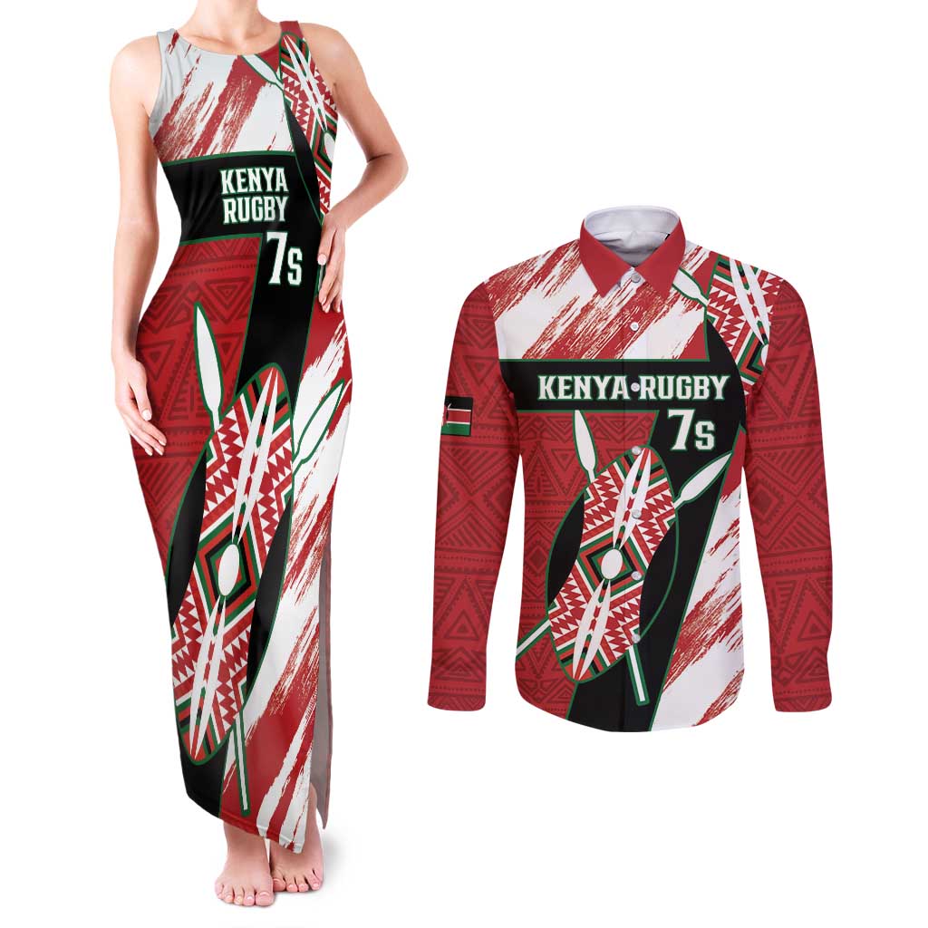 Custom Kenya Rugby Sevens Couples Matching Tank Maxi Dress and Long Sleeve Button Shirt Go Champions African Pattern - Wonder Print Shop