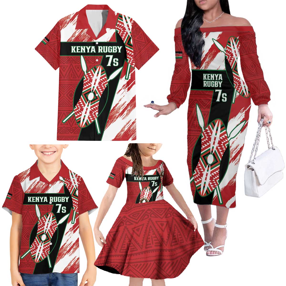 Custom Kenya Rugby Sevens Family Matching Off The Shoulder Long Sleeve Dress and Hawaiian Shirt Go Champions African Pattern - Wonder Print Shop