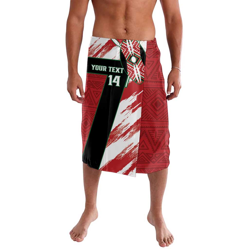Red patterned lavalava with side print, number 14, and black inset panel