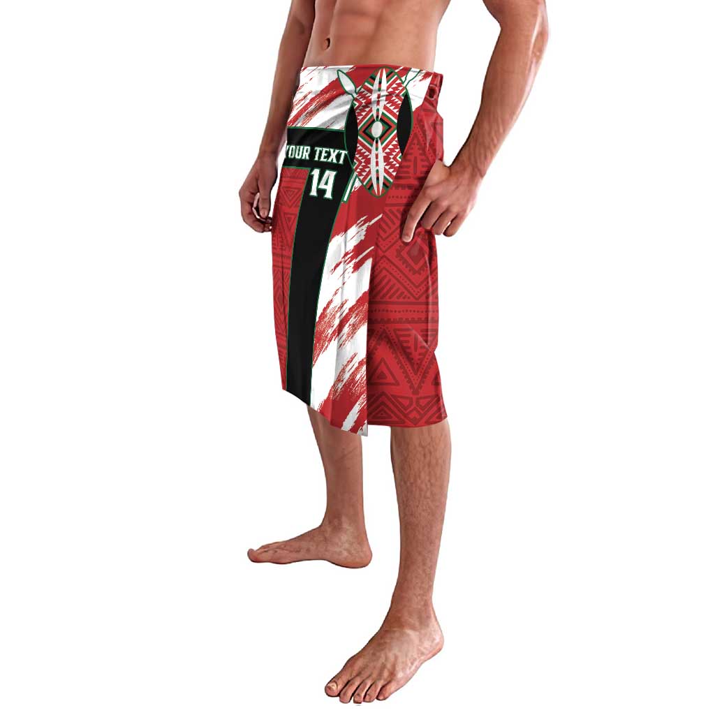 Red lavalava with flag-style side panel and number 14 graphic