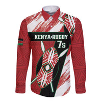 Red, white, and green long-sleeve rugby button shirt with Kenya Rugby 7s front graphic.