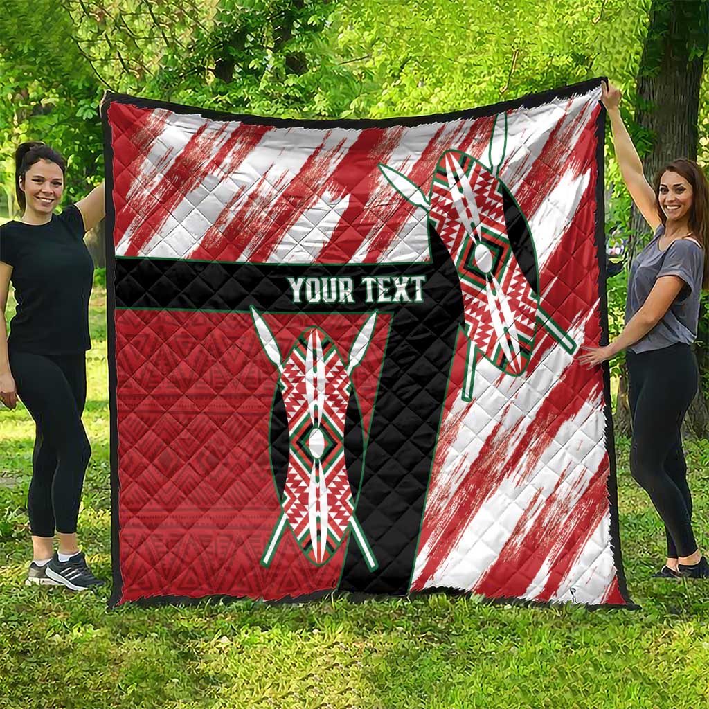 Red quilt on grass with black band, white brush stripes, and tribal emblem plus "Your Text".