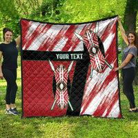 Red quilt on grass with black band, white brush stripes, and tribal emblem plus "Your Text".