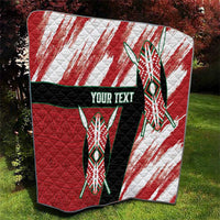 Red, black and white quilt with bold tribal pattern and banner reading "Your Text".