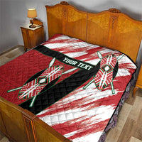 Red quilt with tribal figures, black center band, and banner "Your Text" on bed.