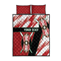Rugby quilt bed set flat view: red and black quilt with “YOUR TEXT” and 2 pillows