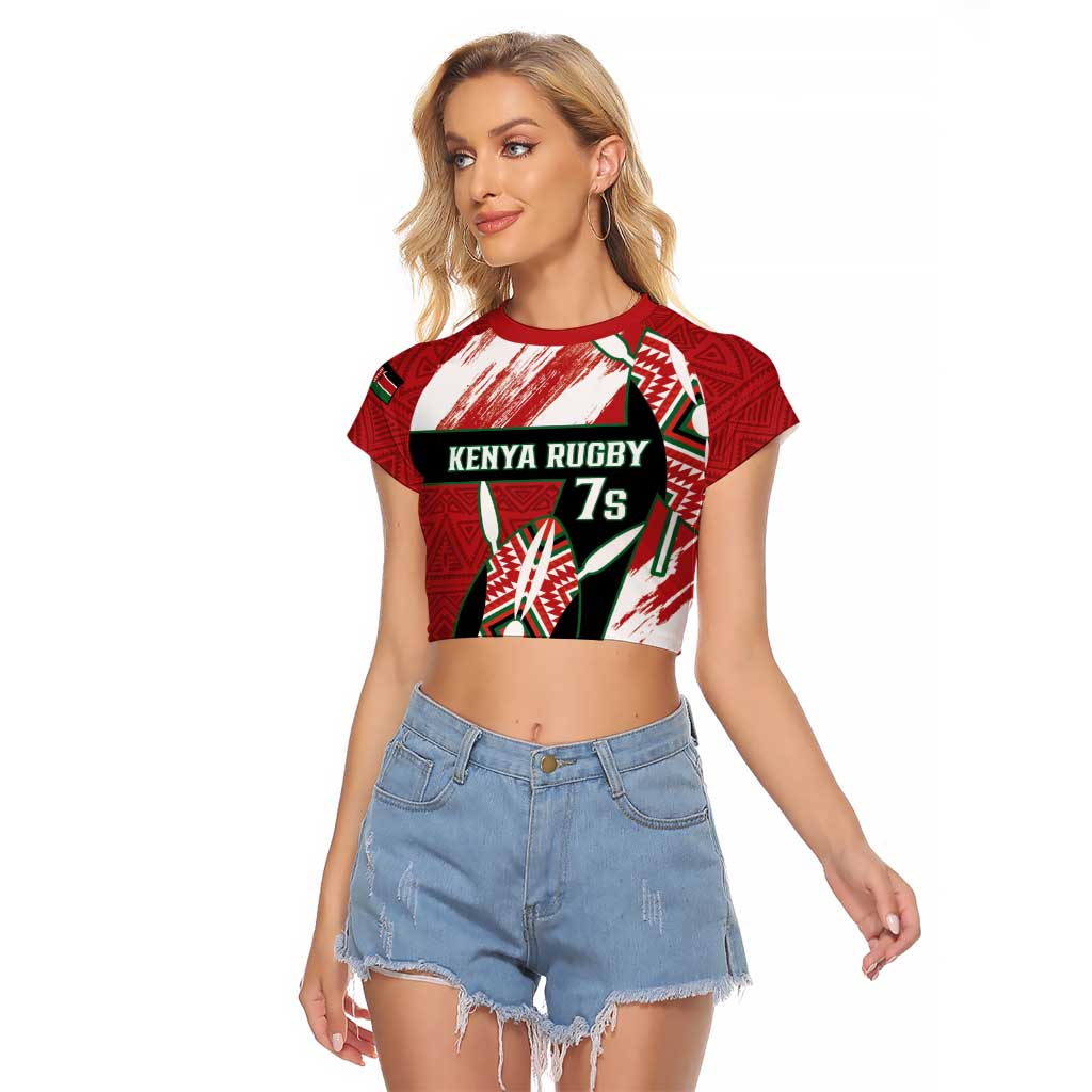 Custom Kenya Rugby Sevens Raglan Cropped T Shirt Go Champions African Pattern - Wonder Print Shop