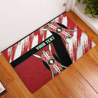 Red rubber doormat with diagonal white streaks, green tribal rhino, and black 'Your Text' bar.