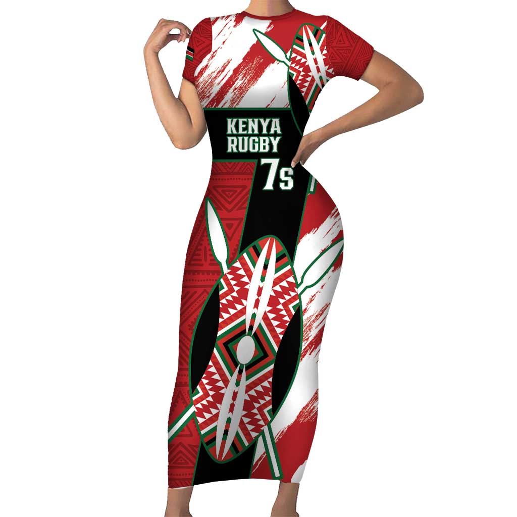 Custom Kenya Rugby Sevens Short Sleeve Bodycon Dress Go Champions African Pattern - Wonder Print Shop