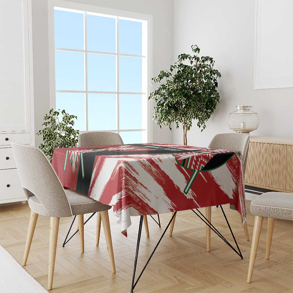 Red and white Kenya rugby tablecloth with black and green emblem-style pattern