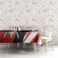 Kenya rugby tablecloth on dining set, red white black design with green geometric accents