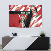 Rectangular wall tapestry with red and white patterning, tribal shield, and 'YOUR TEXT'